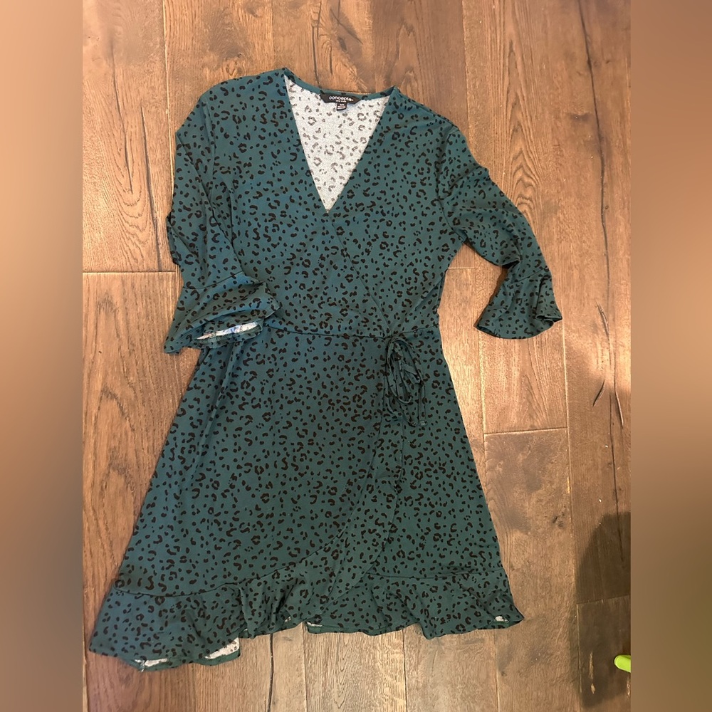 Emerald Green Animal Print Faux Wrap Dress